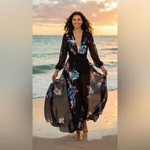 Bebe 4 Black Floral Deep V Maxi Dress Shorts Party/Cocktail